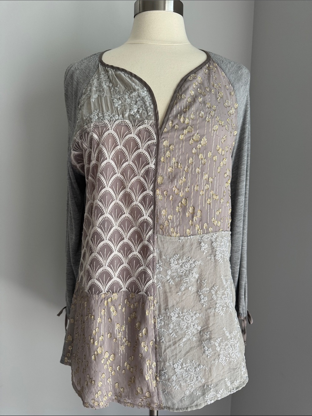 Anthropologie TINY Juliette Patchwork Embroidered Top Taupe Gray Size L